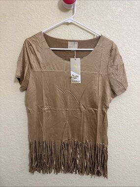 Neslay Design Tan Fringe Short Sleeve Top